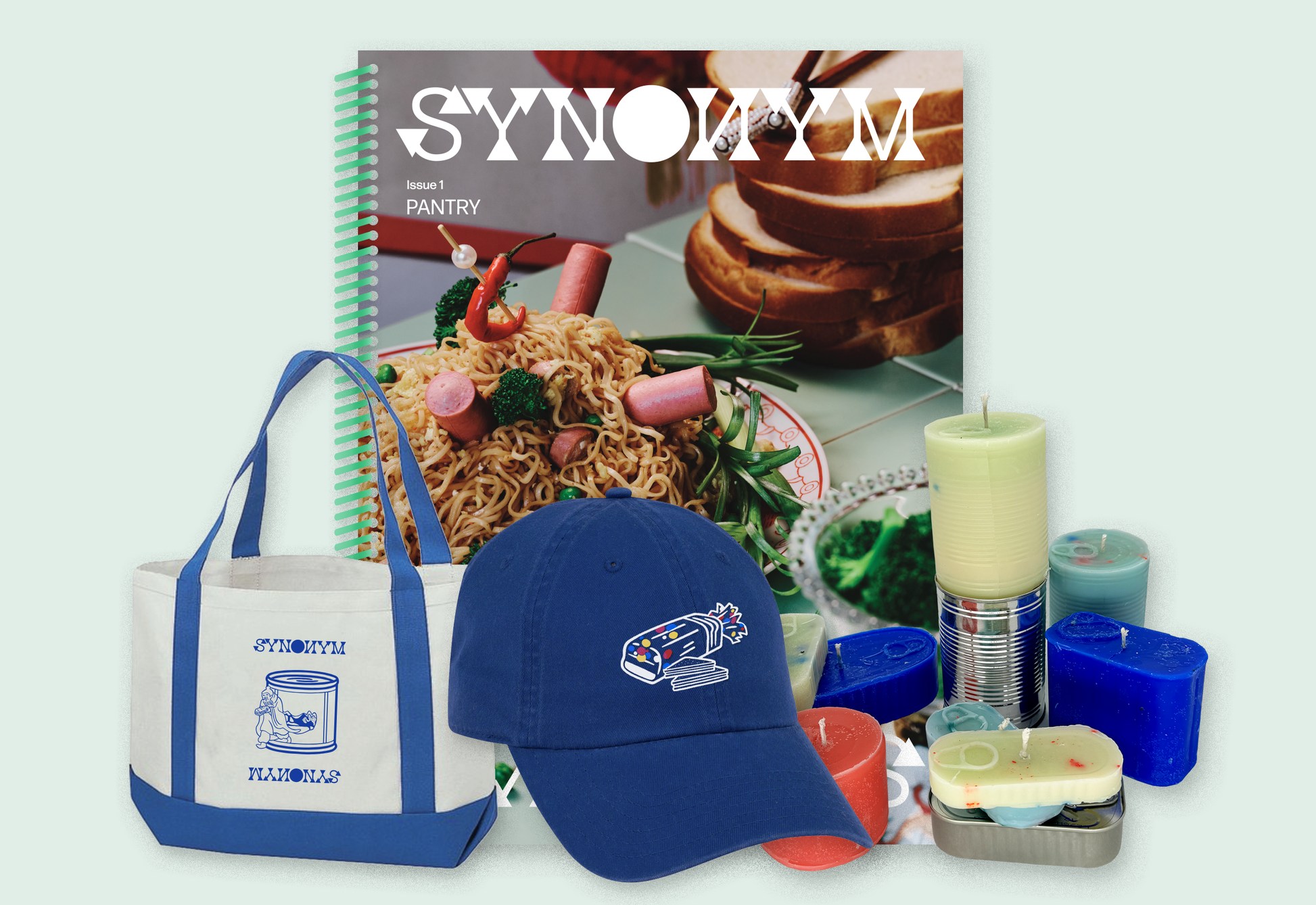 Picture of Synonym Magazine, 2-tone tote bag, blue hat, and candles shaped like tin cans